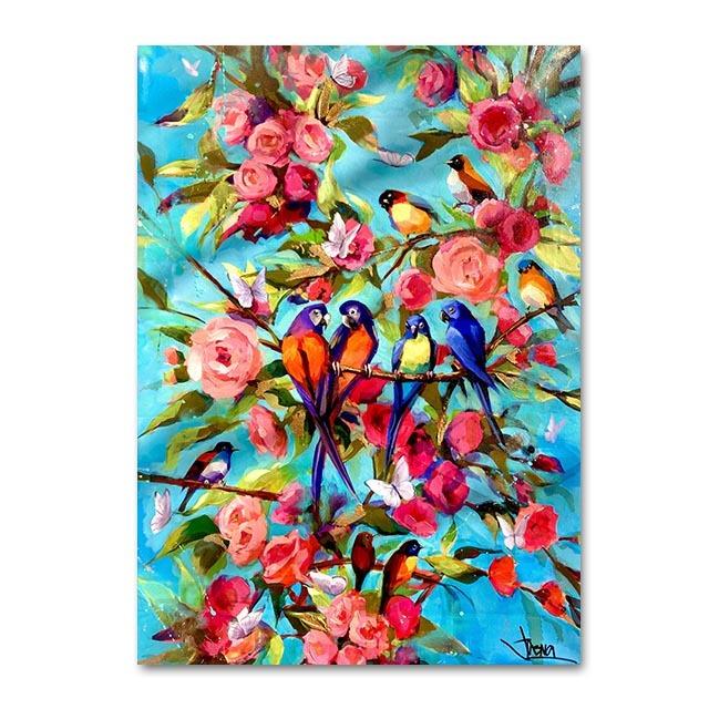 Flower and Bird Oil Painting Wall Art Paradise Song Poster Plant Image for Home Decoration