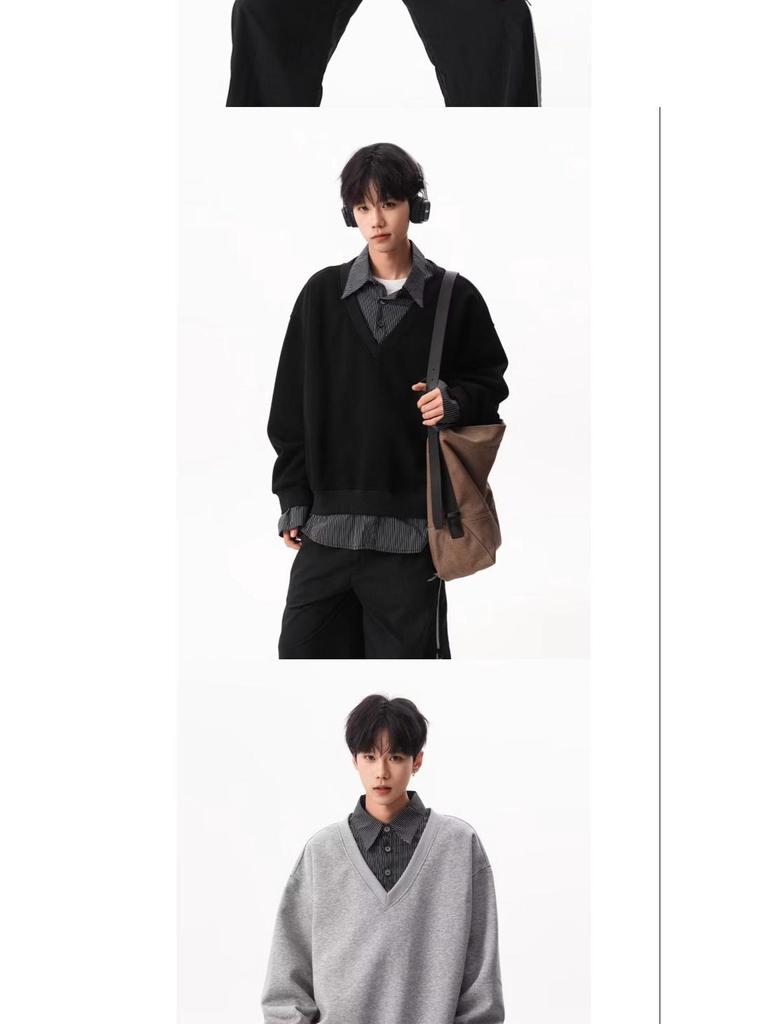 Autumn Faux Two-Piece Hoodie - Unisex Korean Style Loose Pullover with Shirt Collar