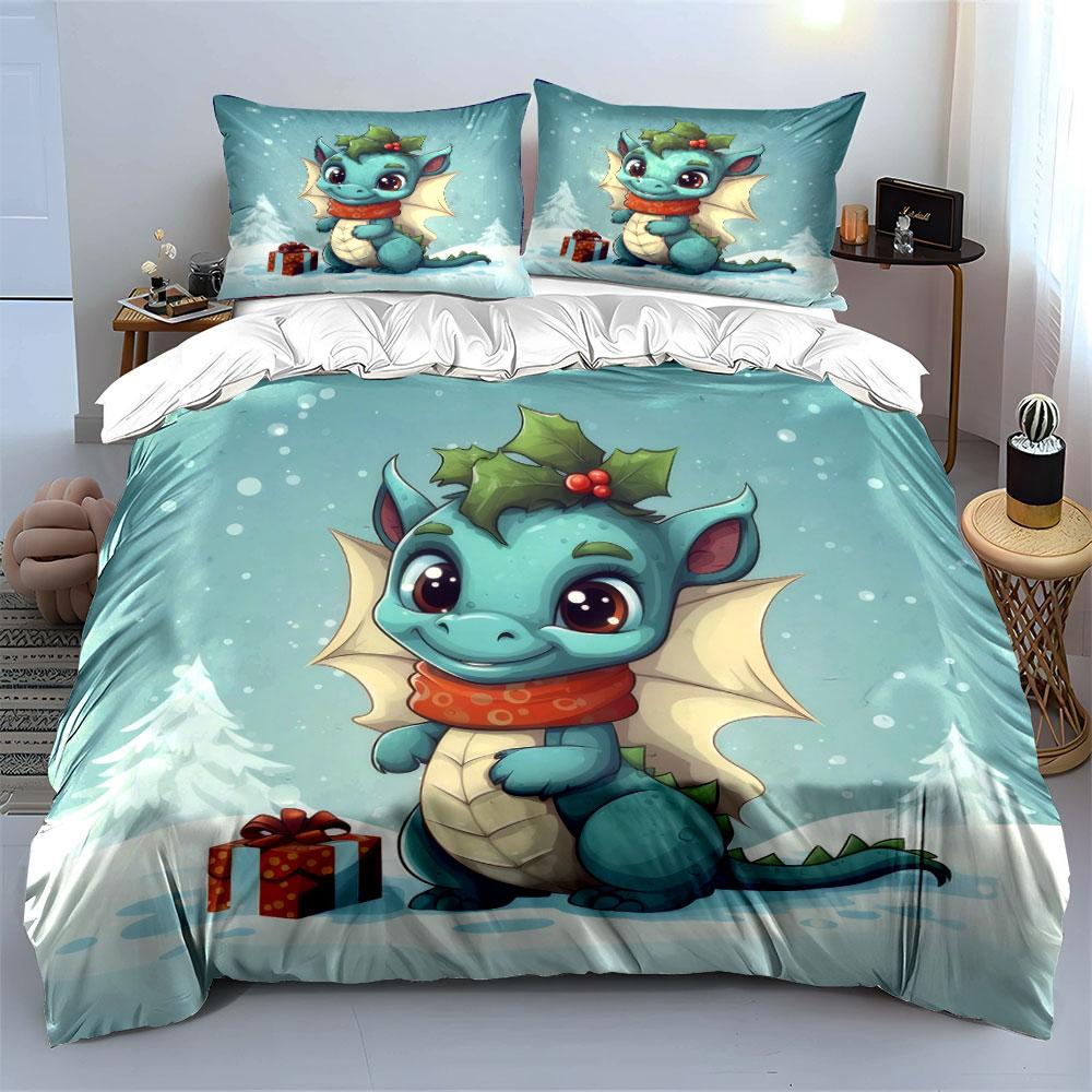 Cute Dragon with Gift Design Bedding Duvet Cover Set  (1*Duvet Cover 2*Pillowcases, without duvet insert)