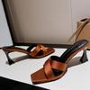 Summer New High Heel Slippers Square Head Open Toe Cross with A Line Satin Anti-slip Wear-resistant Fine Heel Sandals