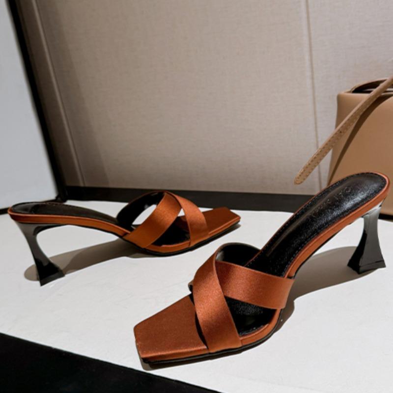 Summer New High Heel Slippers Square Head Open Toe Cross with A Line Satin Anti-slip Wear-resistant Fine Heel Sandals