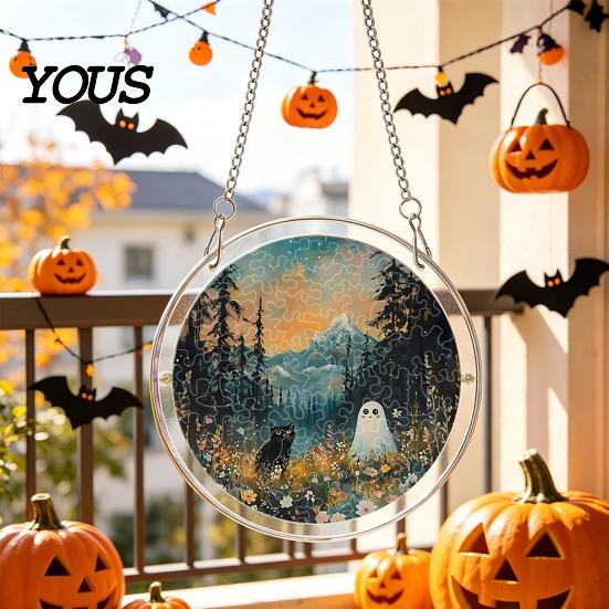 Acrylic Halloween Decoration Suncatcher Jigsaw Puzzle Set, Spooky Ghost Floral Meadow Window Hanging Ornament with Metal Lightweight Frame