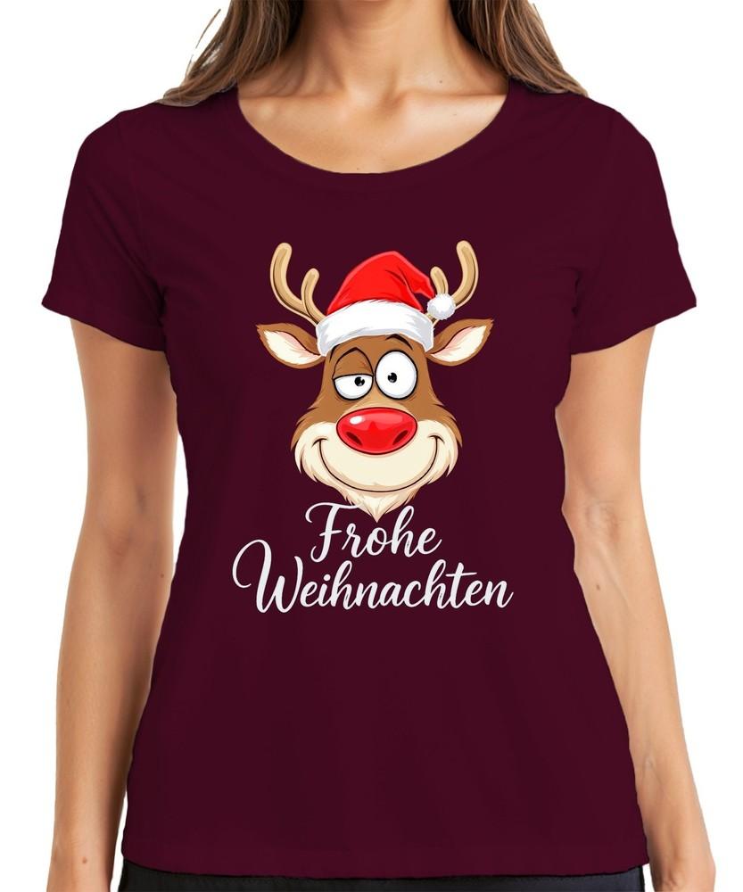 Merry Christmas Reindeer Rudolph Santa Hat Funny Cartoon Ladies TShirt
