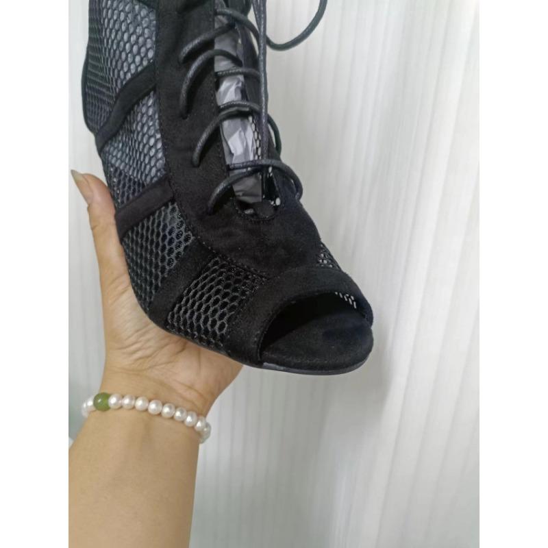 Aneikeh 7CM Middle Heel Ankle Strap Hollow Out Mesh Ankle Boots 2023 Fashion Summer Lace Up Cross-tied Peep Toe Surface Women Dress Shoes Size 35-43