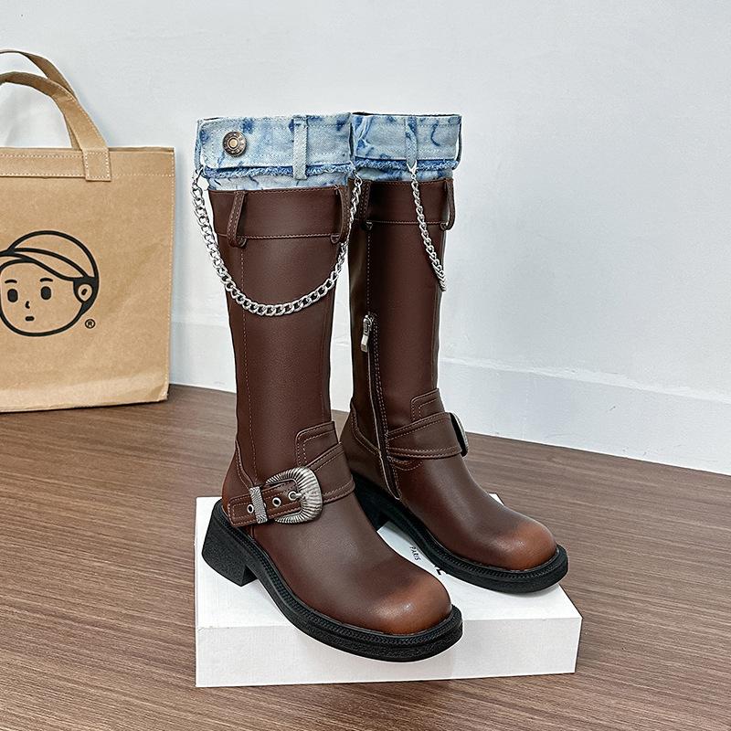 Cowhide version~ thick-soled Maillard long knight boots women's retro leather metal buckle denim locomotive western boots