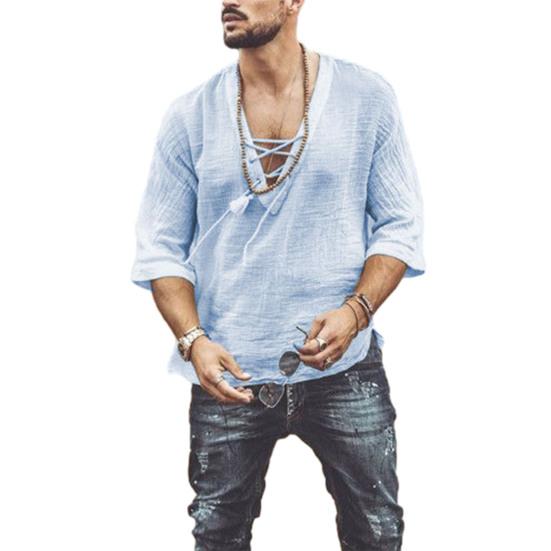 Camicia Casual da Uomo in Cotone e Lino a Manica Corta con Scollo a V e Laccio T-shirt Bohemian Vintage Top Estivo da Spiaggia