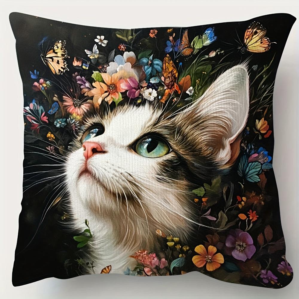 

Cat with Butterflies and Flowers Pillowcase Fantasy Pet Art Cushion Cover Boho Home Decor for Living Room Bedroom Sofa 40cmx40cm