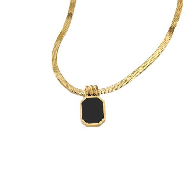 Black Rectangular Pendant Necklace for Women - Niche Design, Full Titanium Steel, Gold-Plated Clavicle Chain