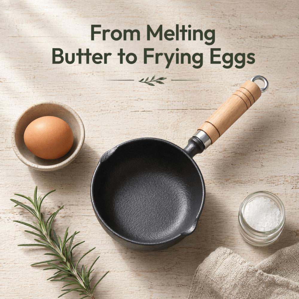 Cast iron Butter Warmer Pot Black Wooden Color Mini Frying Pan Indoor Cooking Outdoor Cooking
