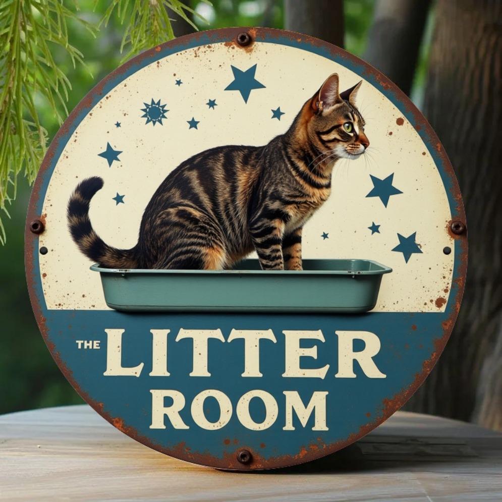 Vintage Cat Litter Room Metal Wall Sign Humorous Tabby CatinTray with Stars Design Rustic Retro Home Decoration