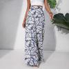 women's High Waist Leaf Printed Casual Wide Leg Pants Vacation Beach Trousers Bottoms