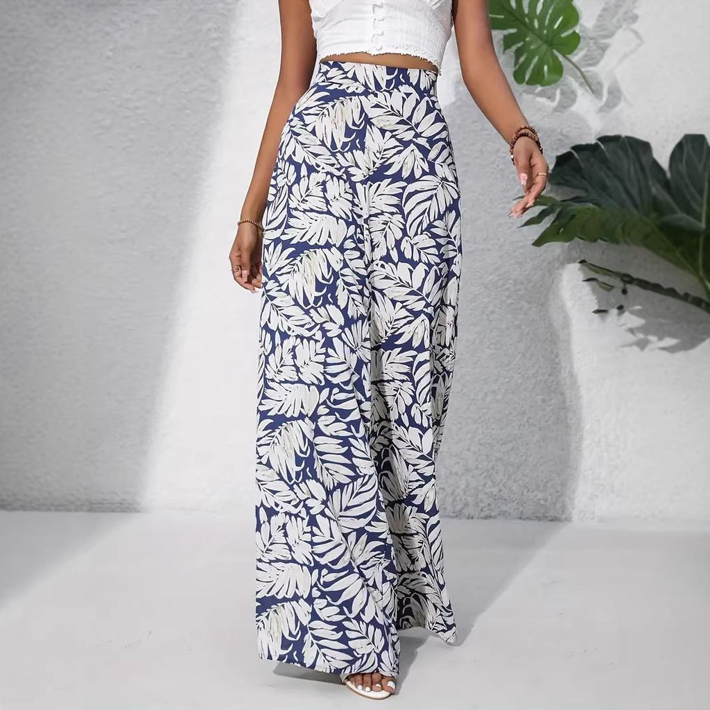 women's High Waist Leaf Printed Casual Wide Leg Pants Vacation Beach Trousers Bottoms