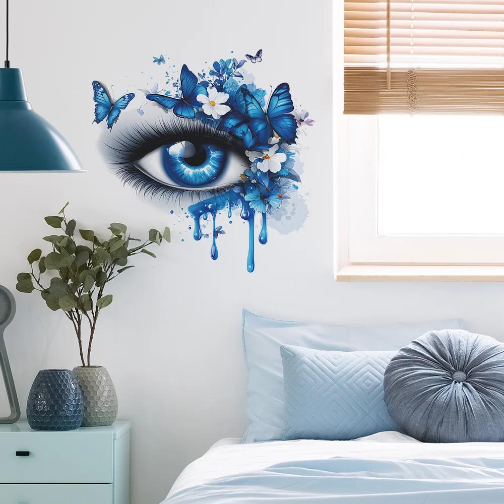 Blue Tearful Eye with Butterfly Wall Art Aesthetic Self Adhesive Vinyl Sticker for Bedroom Living Room Decor