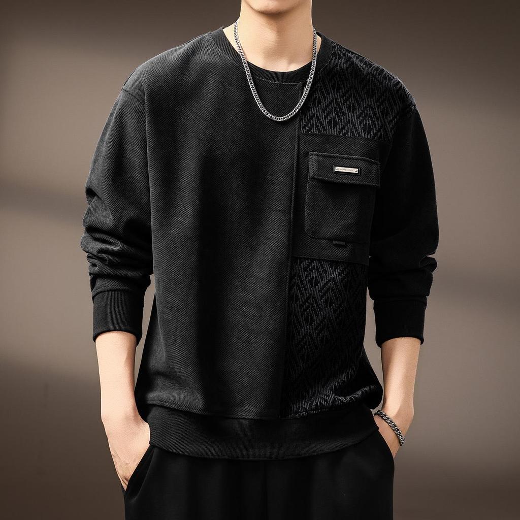 High-End Retro Jacquard Patchwork Raglan Sleeve Men's Sweatshirt - Autumn Heavyweight Trendy Round Neck Casual Top