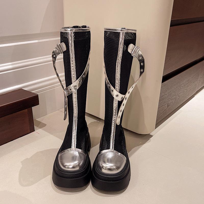 

Mesh boots women s summer hollow cool boots leather thick bottom heel high knight boots breathable hollow design 35