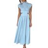 Lady Prom Dress Pleated Sleeveless Solid Color Stand Collar Hollow Out Dress-up Mid-calf Length Wedding Party Women Banquet Dress Female Clothing