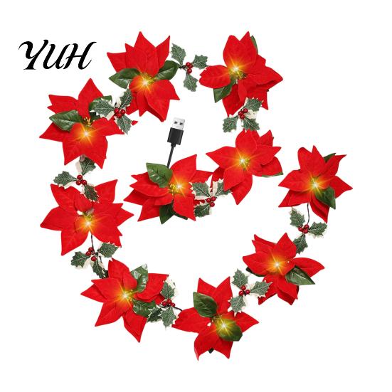 Fireplace Garland Lighting Christmas Poinsettia String Lights, 200/300cm Red Green Floral Garland, Battery/USB Low Voltage LED Operated Indoor Outdoor