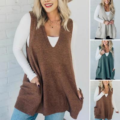 Women Sweater V-neck Sleeveless Solid Color Knitting Vest with Pockets Ribbed Trim Loose Fit Mid-length Casual Knitwear