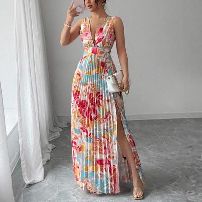 Summer New European and American Holiday Style Elegant Printed Women's Clothing V-neck Split-ended Pleated Dress Long Dress