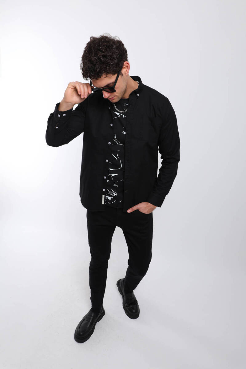 

Мужская однотонная рубашка с карманом и длинным рукавом, черная XXL чёрный