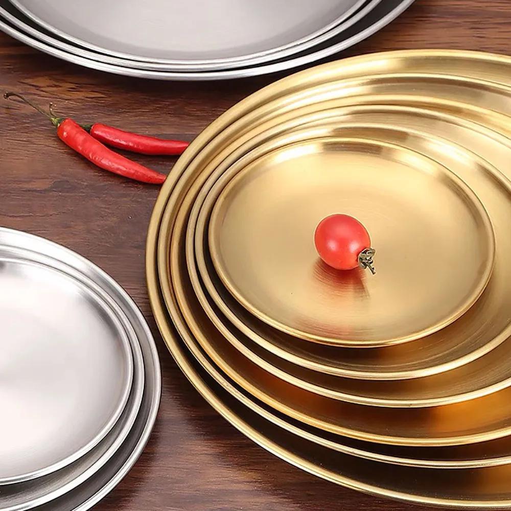 8PC Metal Dining Dish Stainless Steel Round Plate Shallow Tray 14/17/20/23/26cm BBQ Picnic Camping Food Container Tableware Set