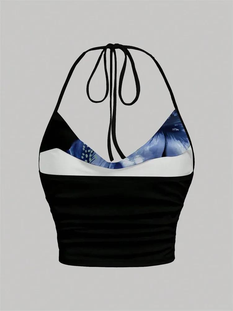 Crop Top Phumee Backless Halter Solid Deep V-neck  Tie-dye  A2515