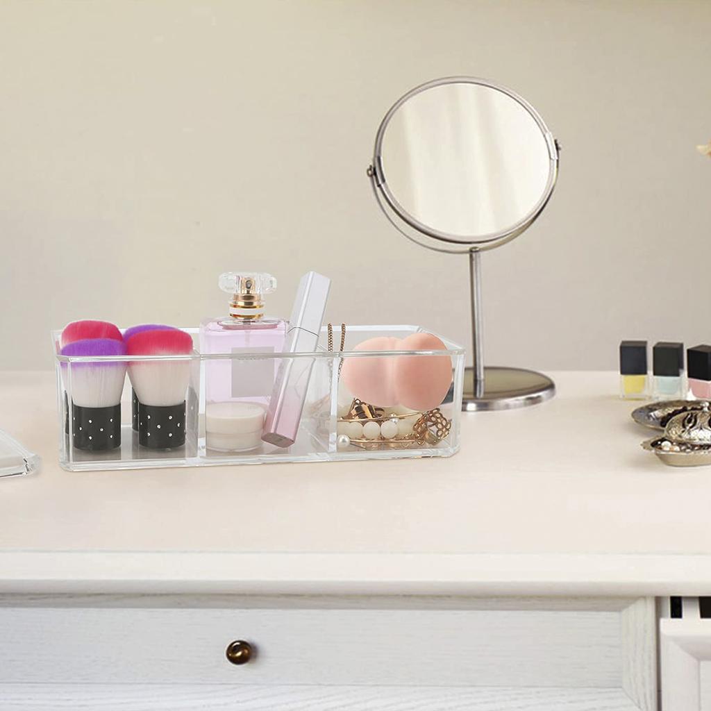 Organisateur de support de tampons de coton Boîte de rangement de tampons cosmétiques à 3 compartiments avec couvercle Distributeur de support de pinceau de maquillage en acrylique Coton transparent