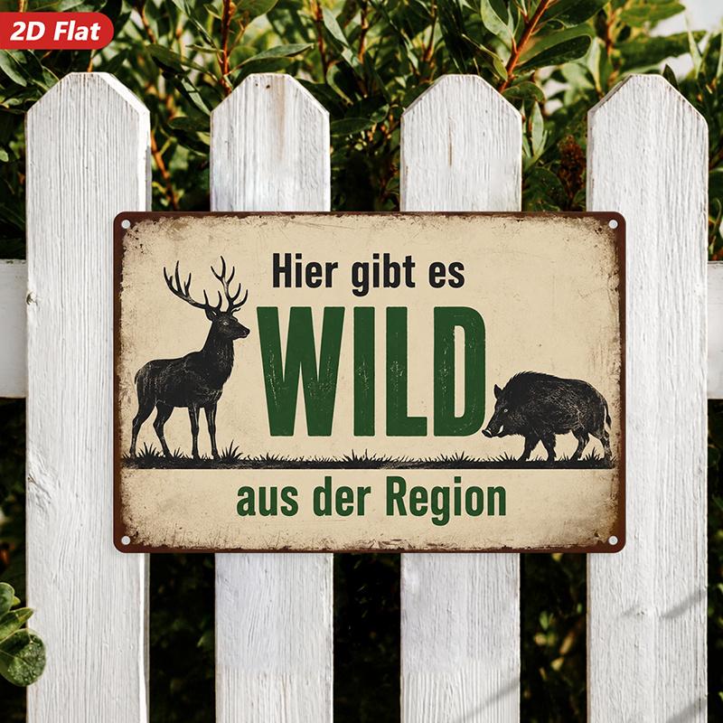 2D Flat, 1pc Wild Forest Sign Metal Sign Wall Art, Home Decor, Deer And Boar Silhouettes, Ideal for Kitchen Entryway, German Text Hier Gibt Es Wild, B