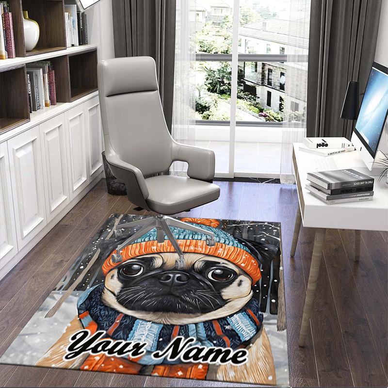 1PC Custom Name Winter Pug Portrait Theme Floor Mat Ideal for Living Room, Game Rooms, Office, Bedroom, Office Floor Mat , Floor Mats for Home