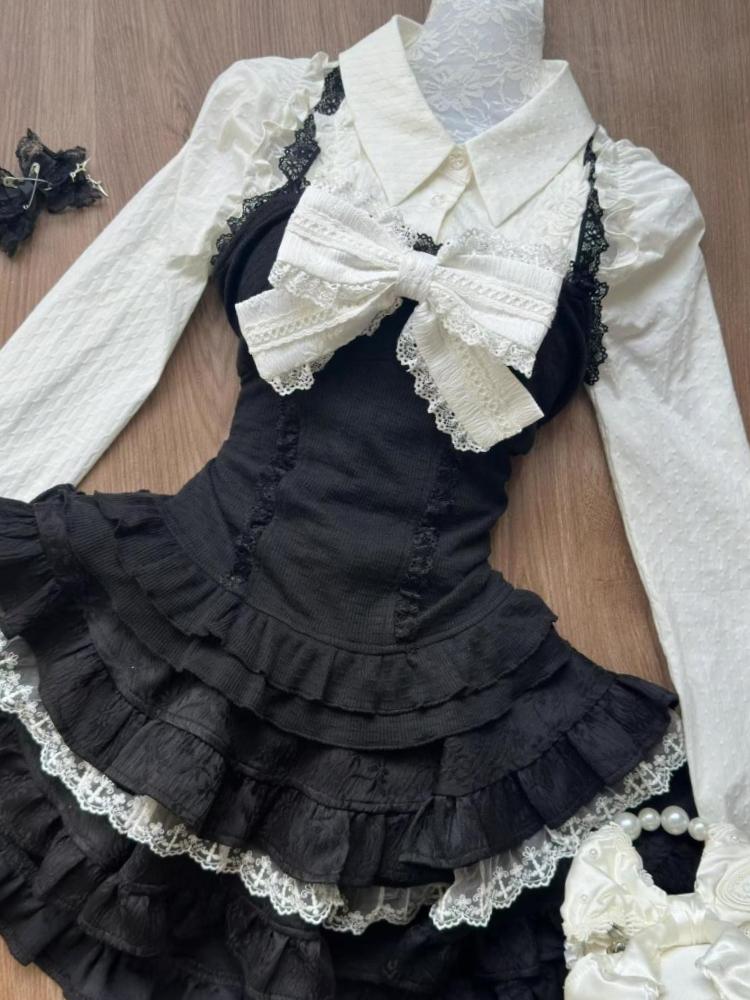 Podzimní Zima Módní Mašle 3dílná sada Dámské Retro Sladká košile s dlouhým rukávem Tenký šátek + Elegantní krajkový oblek Krátká sukně s vysokým pasem Nové