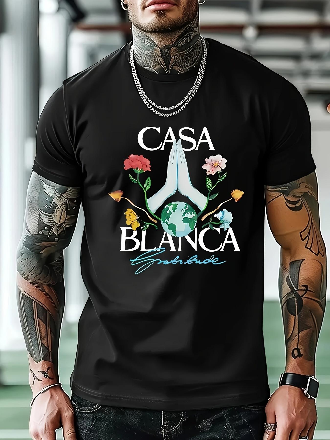 Light Blue Casual Graphic T-shirt - Casa Blanca & Floral Geometric Print Short Sleeve Tee L