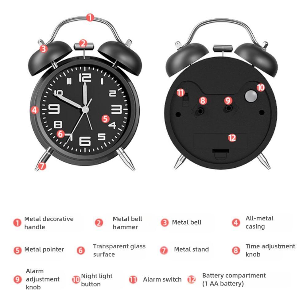 3D-Dial Metal Frame Alarm Clock Black Metal Frame with Matte Finish Twin Bell Loud Alarm Clock