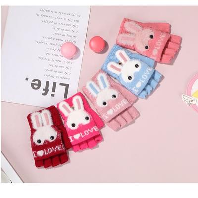 Autumn and Winter New Velvet Thickened Cute Rabbit Cold-proof Warm Gloves Elastic Half-finger Flip-top Knitted Gloves