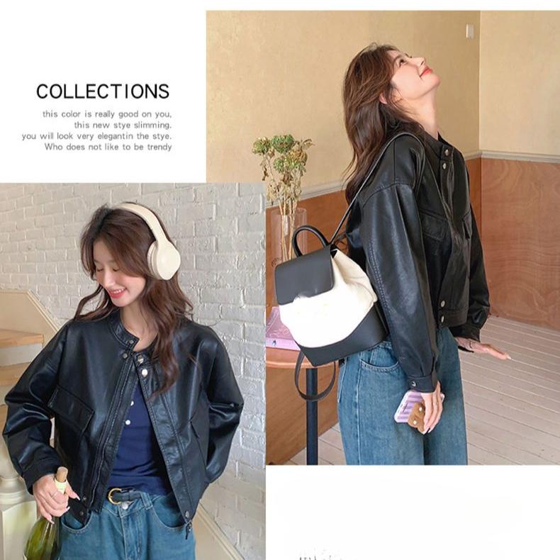 Women's Fashion Loose Fit Short Coat Spring Autumn Casual Motorcycle PU Leather Jacket
