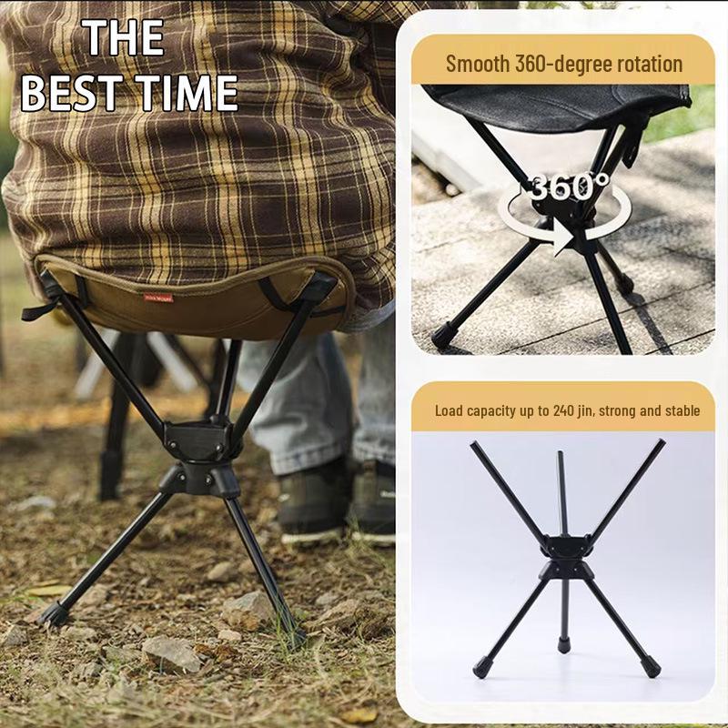 360° Rotating Folding Tripod Stool - Portable, Durable, and Compact for Hiking, Camping, and Fishing.
