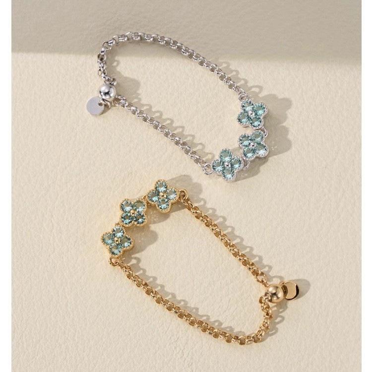 Spring Flower Four-Leaf Zircon Ring: 18K Gold Plated S925 Silver, Adjustable Chain 18K Gold