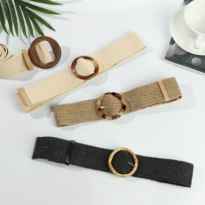 Summer Braided Wide Wooden Buckle Waistbelt Straw Belt Elastic