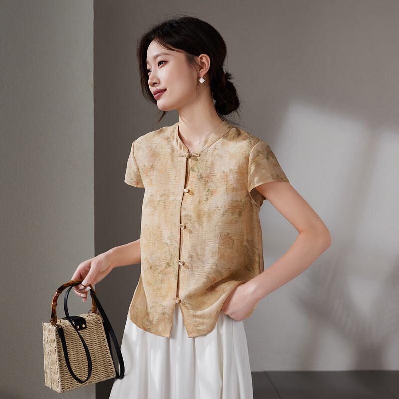 SOFSIL 2026 Summer Silk Blend New Chinese Style Short Sleeve Shirt L жёлтый