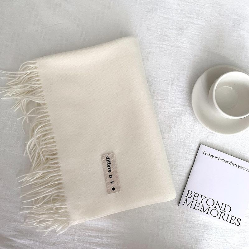 Flowing Fringe, Color-blocked, Simple Design, Faux Cashmere-like Scarf, Winter-thick, Cape-style, Student-friendly, Solid Color.