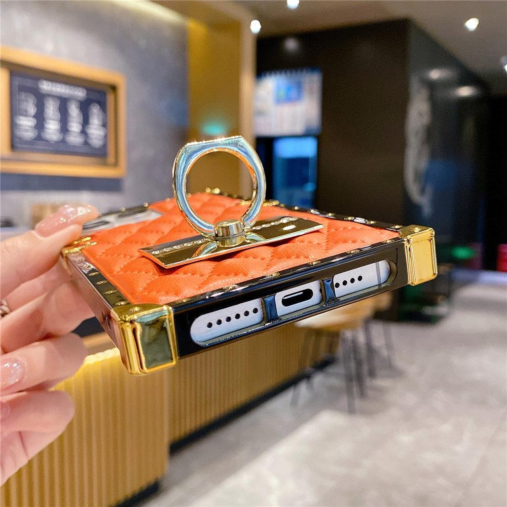 Modische rautenförmige Leder-Handyhülle mit Goldplattierung für iPhone 16 15 Pro Max 14 Plus 13 12 11 XR Hülle mit Ringhalter