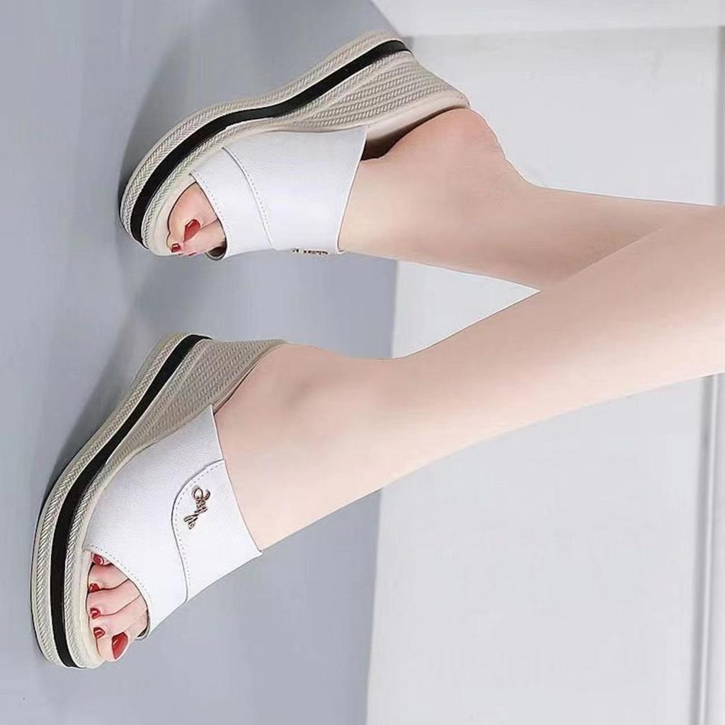 Soft Leather Slippers Women's Summer 2025 Wedge Heel Women's Shoes Versatile Muffin Thick Sole Heightening One-word Sandals Non-slip and Wear-resistan