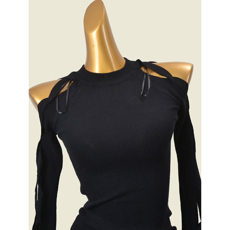 Export Stylish Cut Out Long Sleeves Knitwear Sexy Silm Early Autumn High Elasticity Pullover Keep Warm Tops