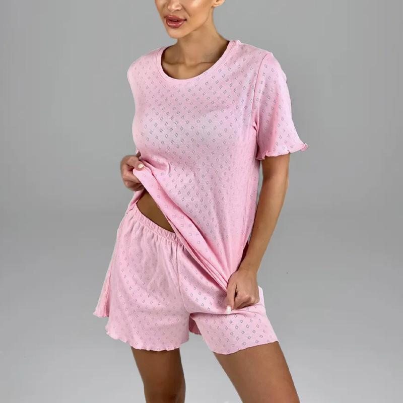 Summer thin short-sleeved shorts women s pure cotton loungewear S розовый