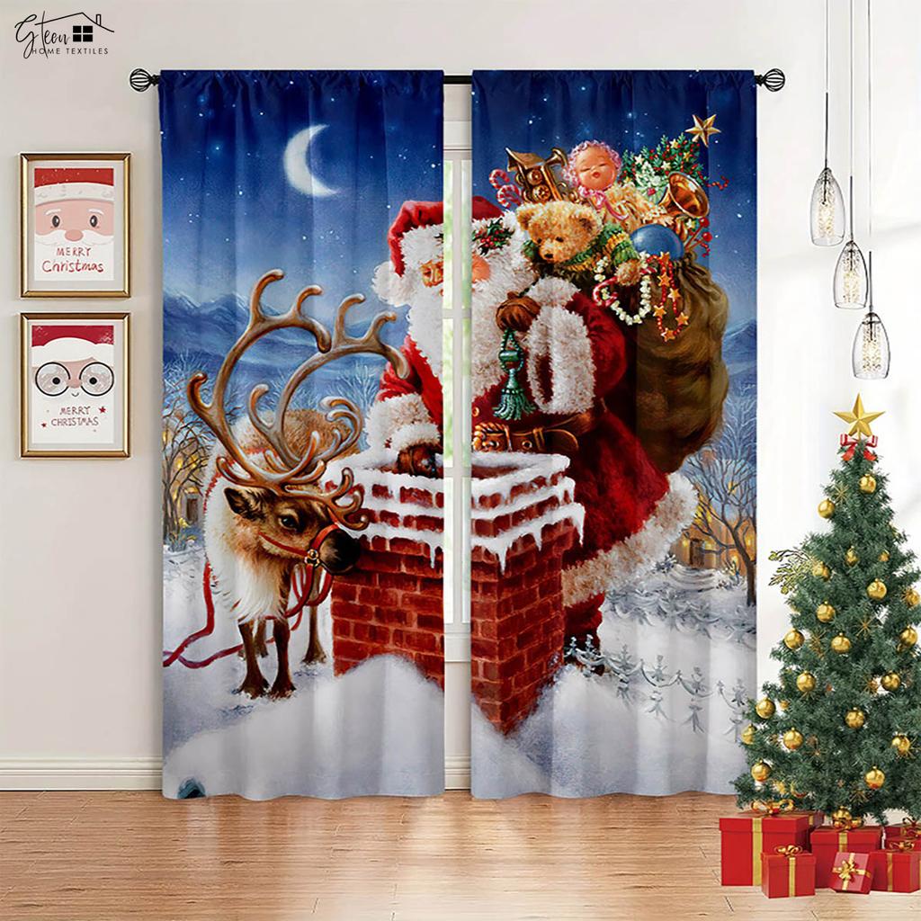Vánoční Dekorace Závěsy Vánoční Stromek Santa Claus Dárek Dýňový Kočár Dětský Pokoj Novoroční Sváteční Závěsy 2KS
