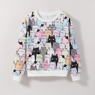 2-7 Anos Crianças Menina Menino Moletom Gola Redonda Estampa de Gato Fofa Colorida Manga Longa Blusas