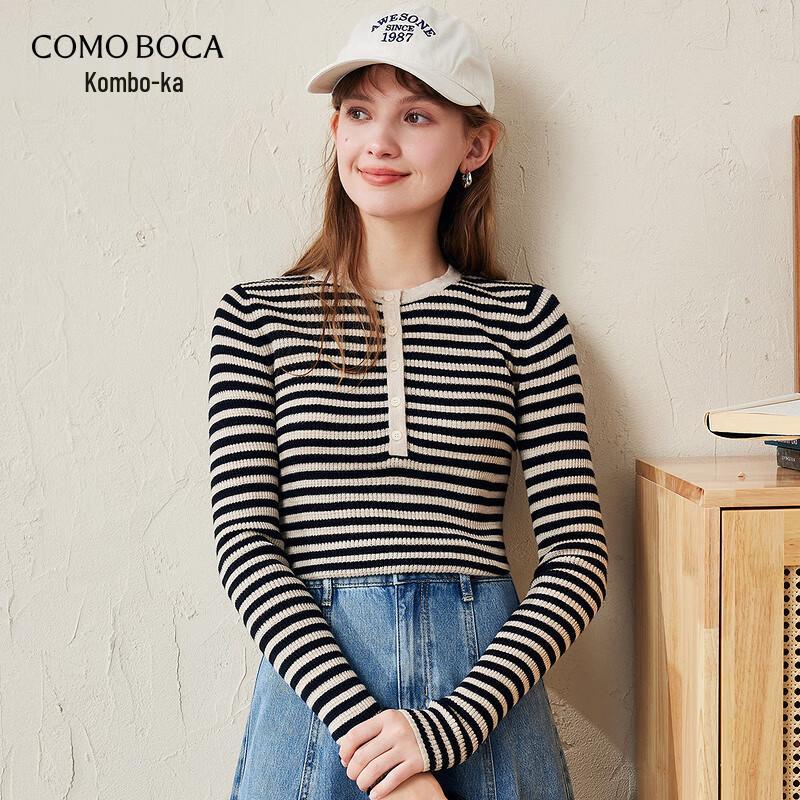 Women's Striped Color-Block 100% Wool Crew Neck Sweater