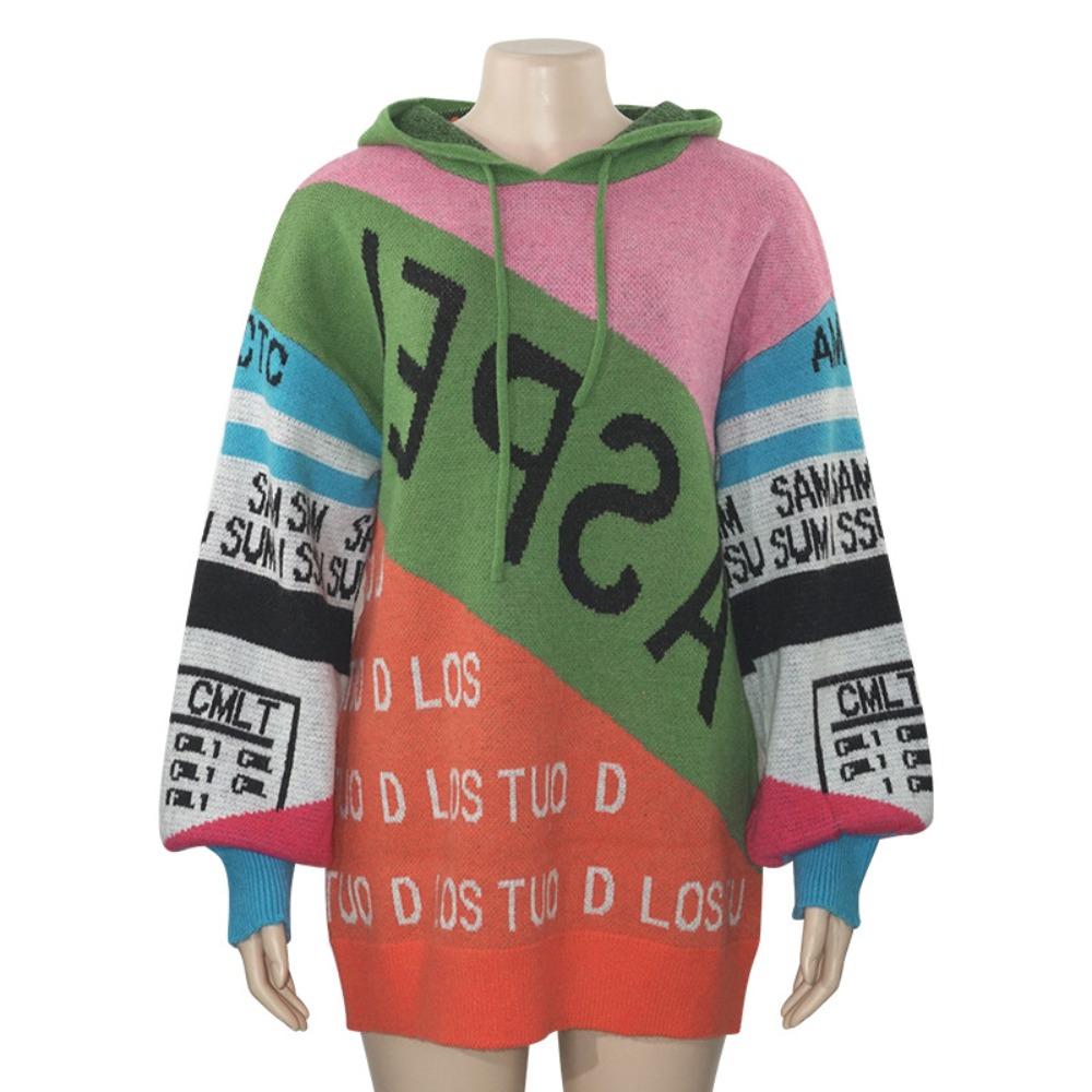 Women s Hooded Long Sleeve Color Block Letter Oversized Knit Sweater Dress Casual Tunic Dress one size fits  all