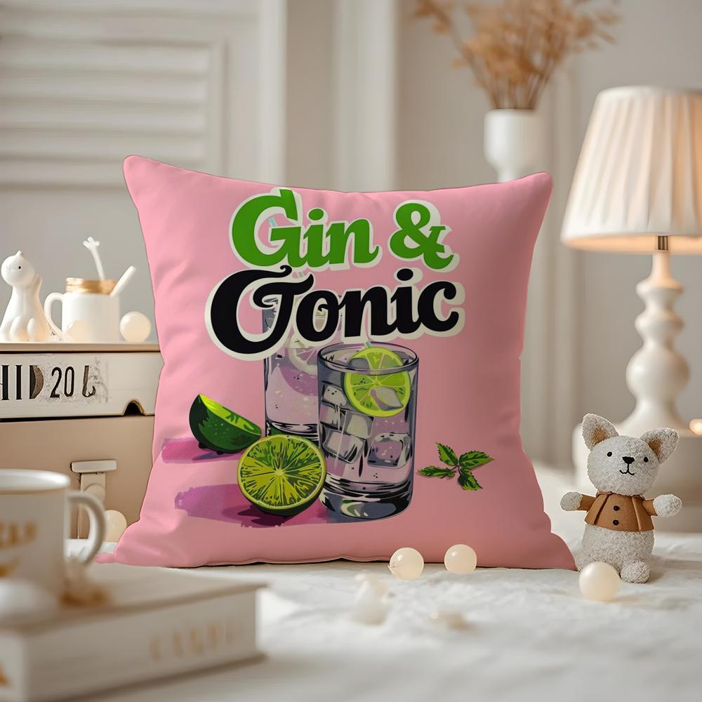 Gin& Tonic Cocktail Painting Cushion Cover Anti-dustmite Pillowcase Invisible Zipper Silky Short Plush Sofa Cushion Cover