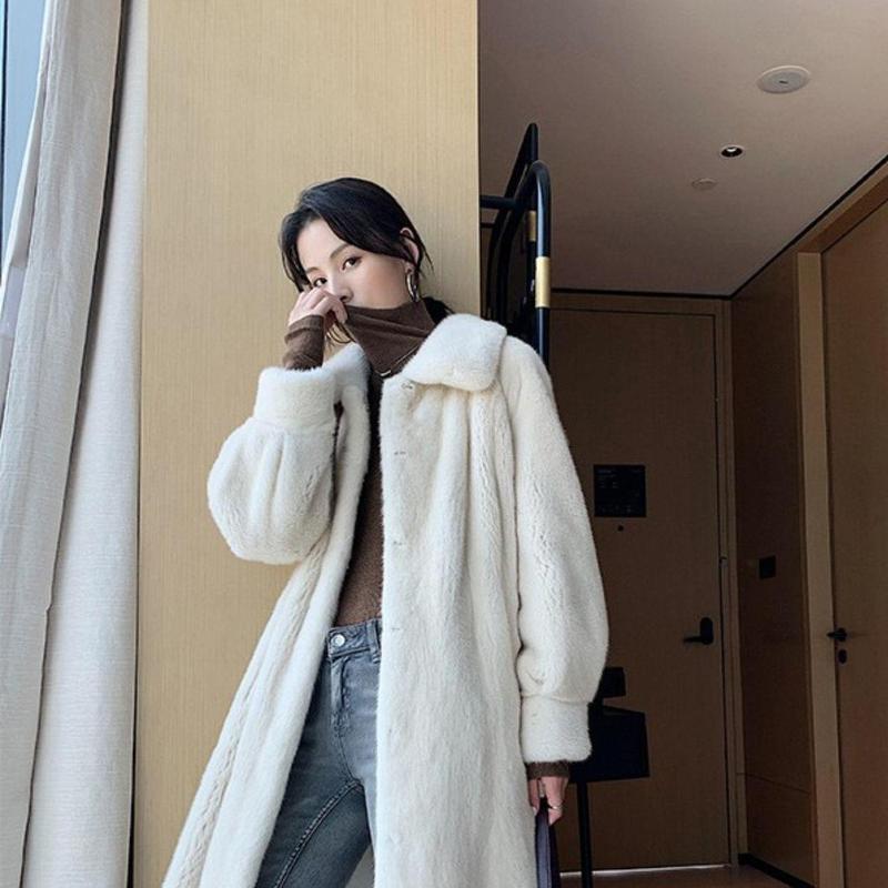 Damski jesienny i zimowy płaszcz ze sztucznego futra Długi płaszcz do kolan Jednolity kolor Top