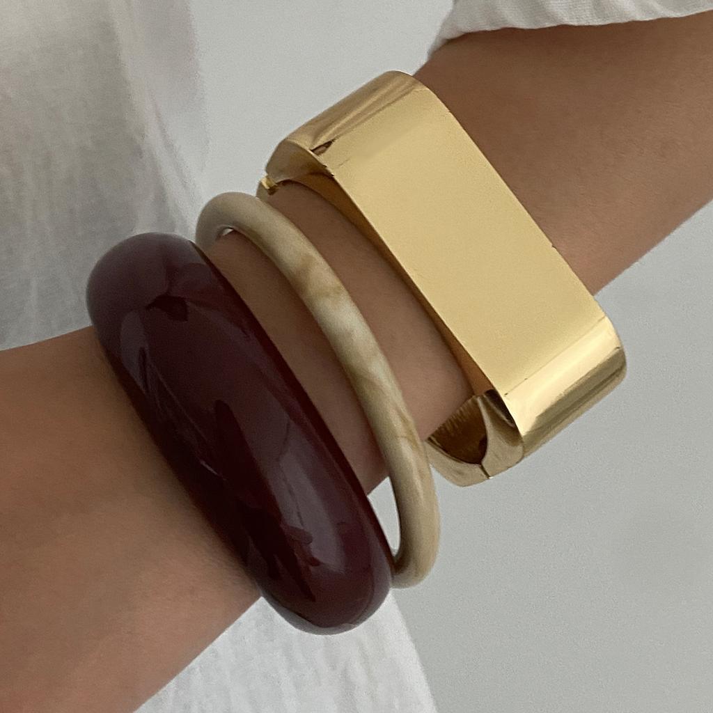 Vintage Irregular Resin Square Bangle Bracelets Punk Geometric Retro Glossy Open Metal Bracelet for Women Chunky Party Aesthetic Jewelry